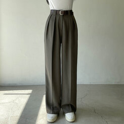 【SET】ロングピンタックワイドスラックス+ベルト ブラウン(ベルトset)