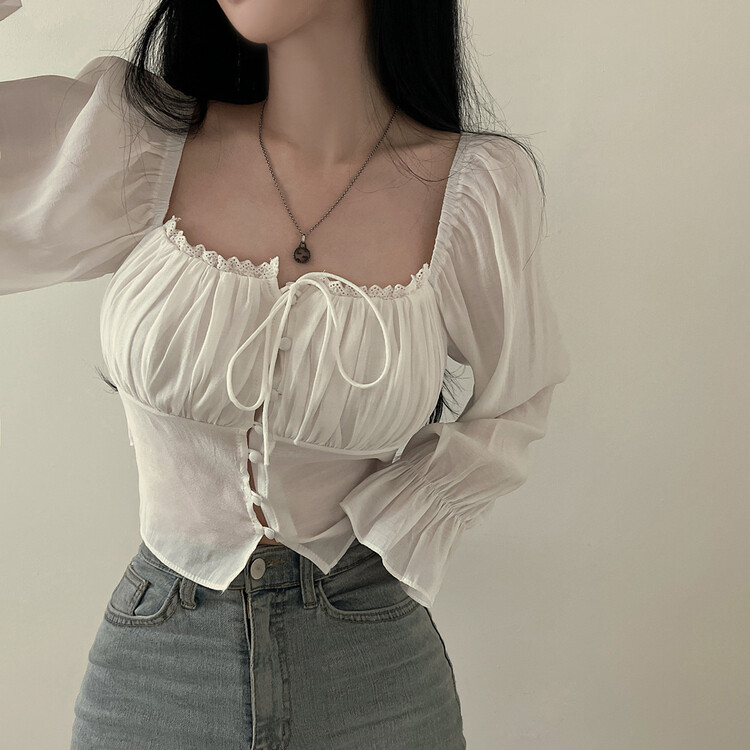 アレンジショルダーバストギャザーレースブラウス ホワイト