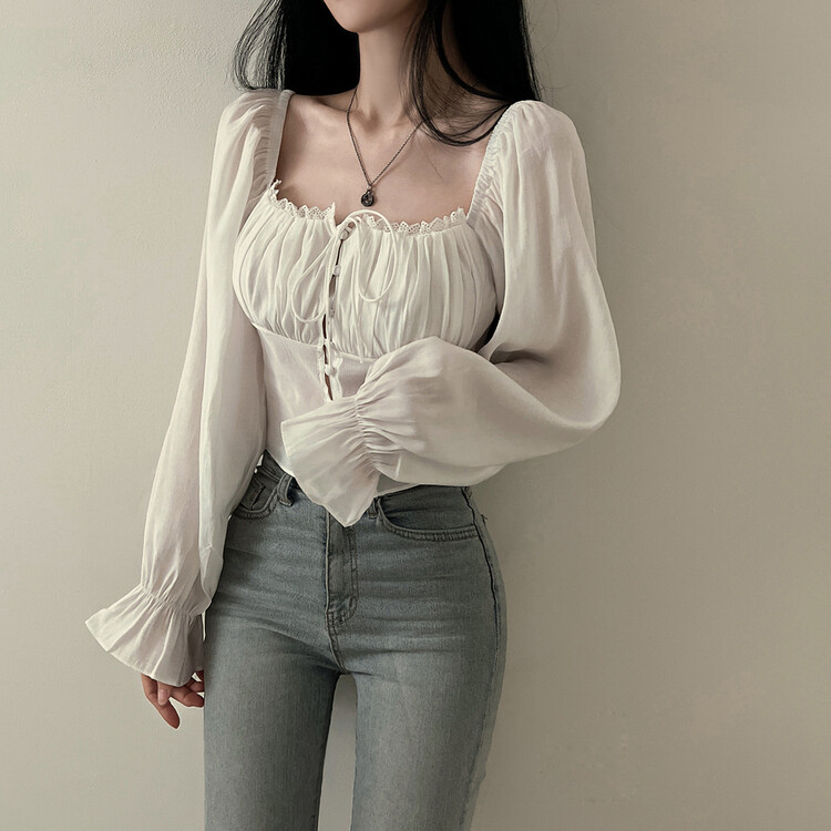 アレンジショルダーバストギャザーレースブラウス ホワイト