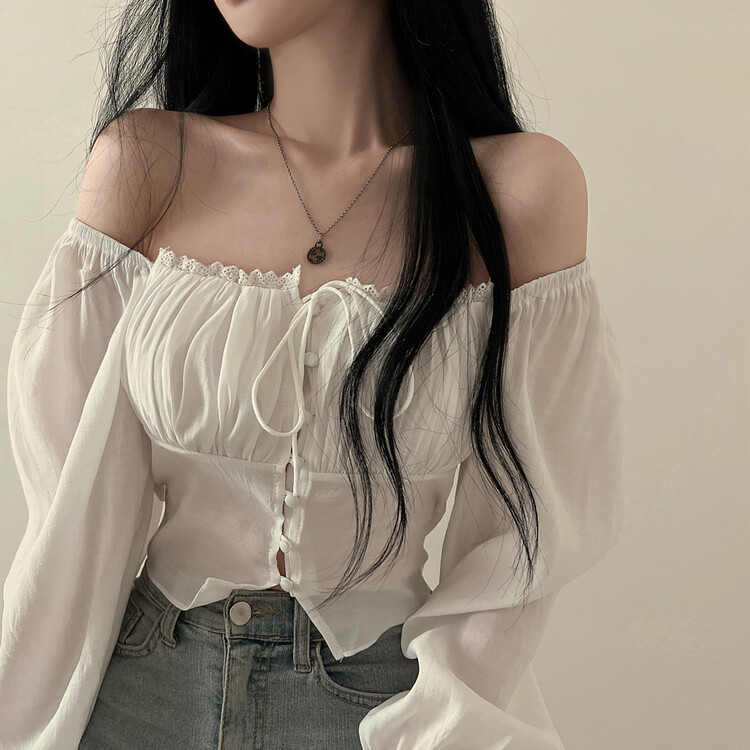 アレンジショルダーバストギャザーレースブラウス ホワイト
