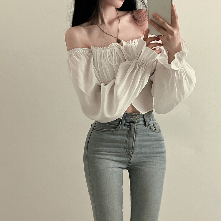 アレンジショルダーバストギャザーレースブラウス ホワイト