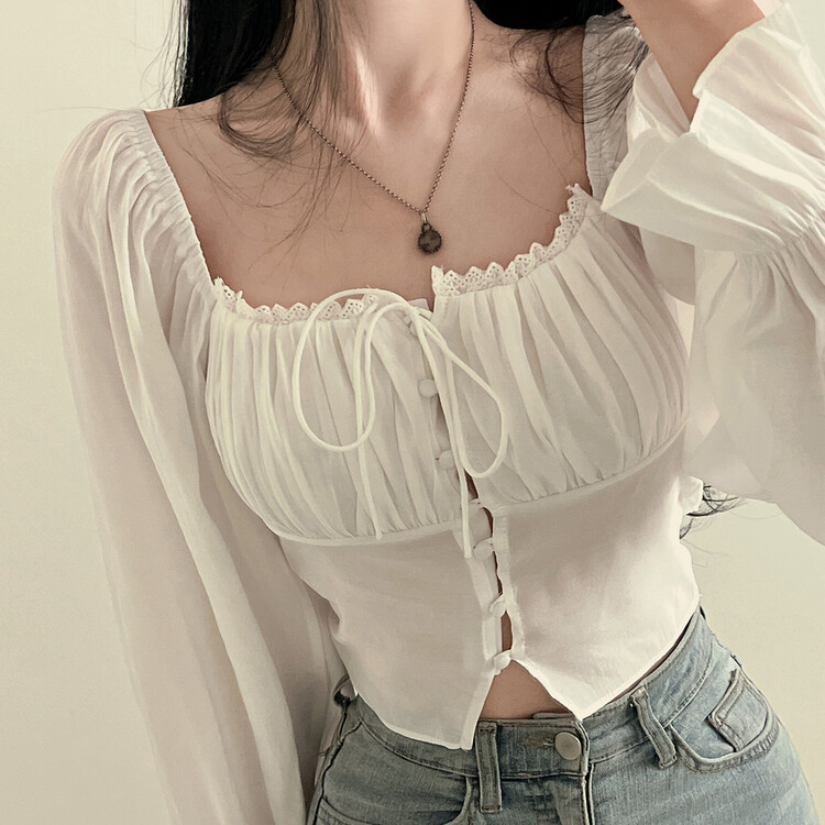 アレンジショルダーバストギャザーレースブラウス ホワイト
