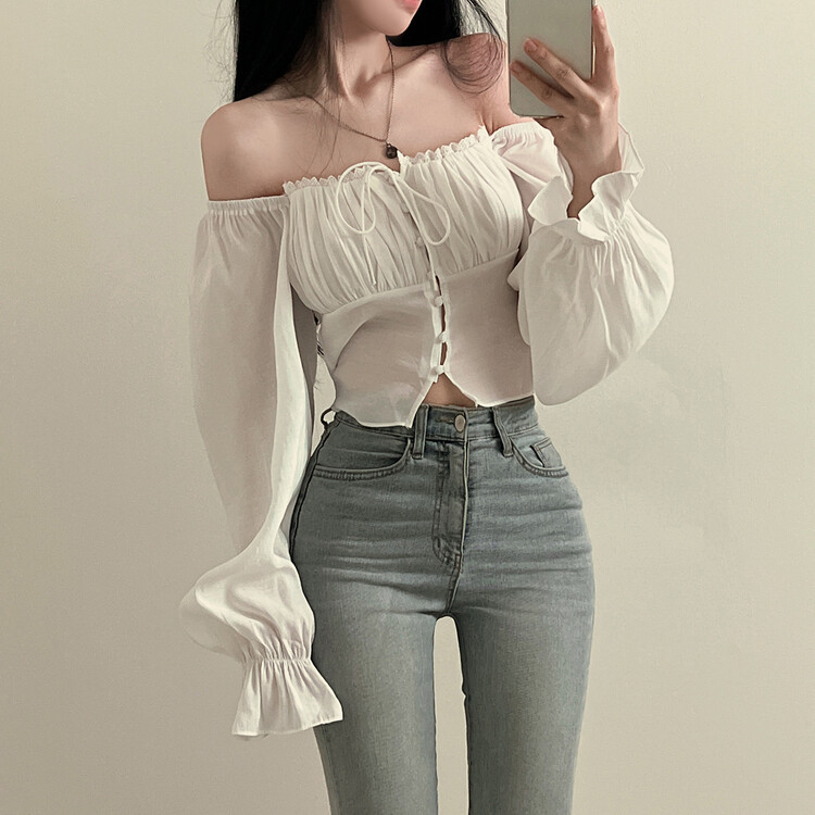 アレンジショルダーバストギャザーレースブラウス ホワイト