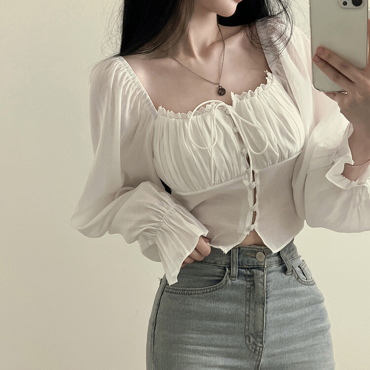アレンジショルダーバストギャザーレースブラウス ホワイト