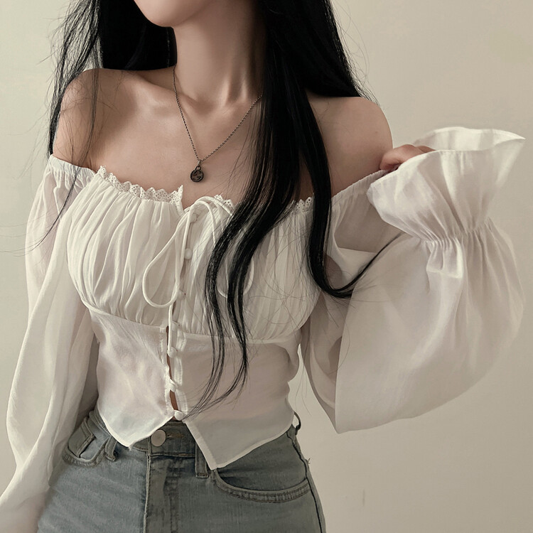 アレンジショルダーバストギャザーレースブラウス ホワイト