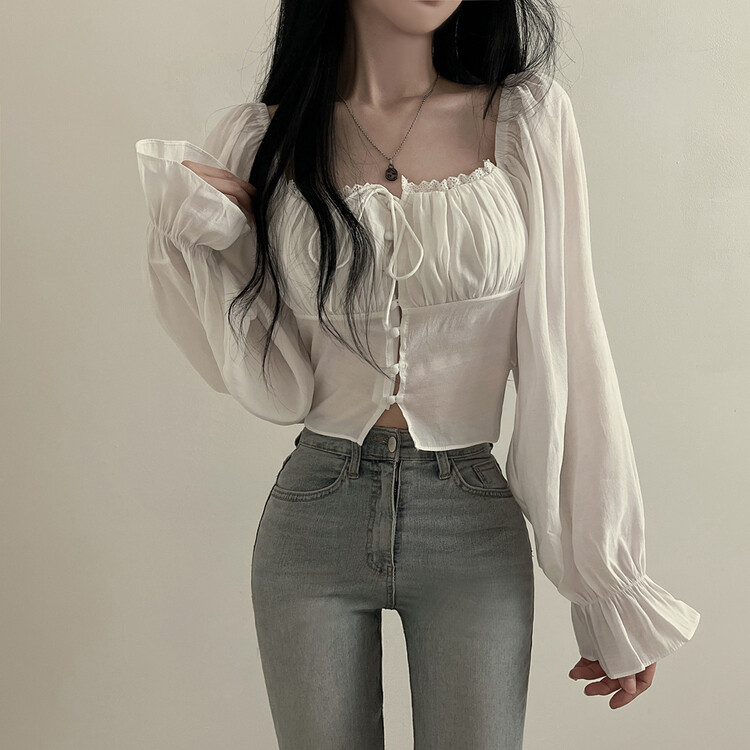 アレンジショルダーバストギャザーレースブラウス ホワイト