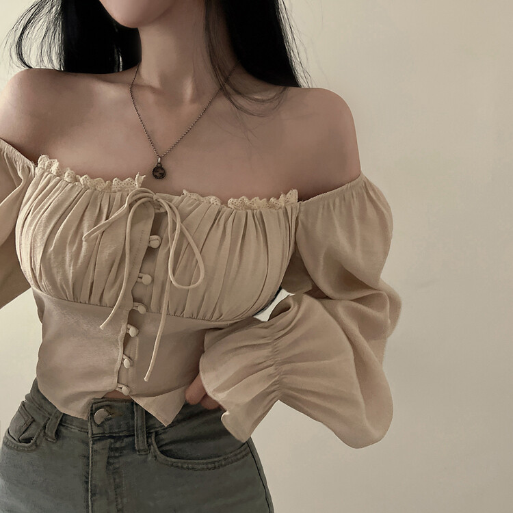 アレンジショルダーバストギャザーレースブラウス ベージュ