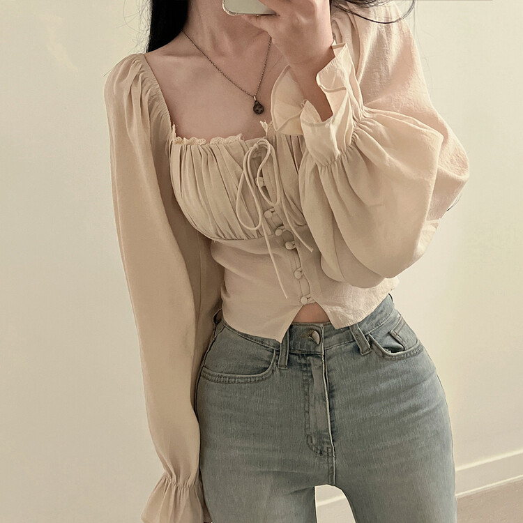アレンジショルダーバストギャザーレースブラウス ベージュ