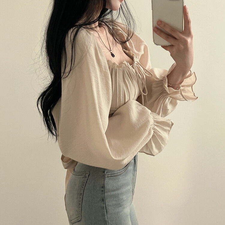 アレンジショルダーバストギャザーレースブラウス ベージュ