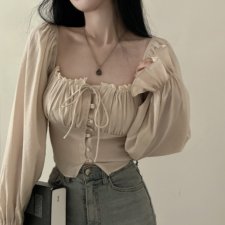 アレンジショルダーバストギャザーレースブラウス ベージュ