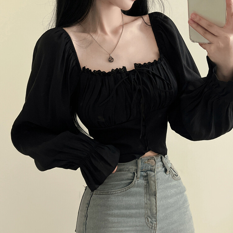 アレンジショルダーバストギャザーレースブラウス ブラック