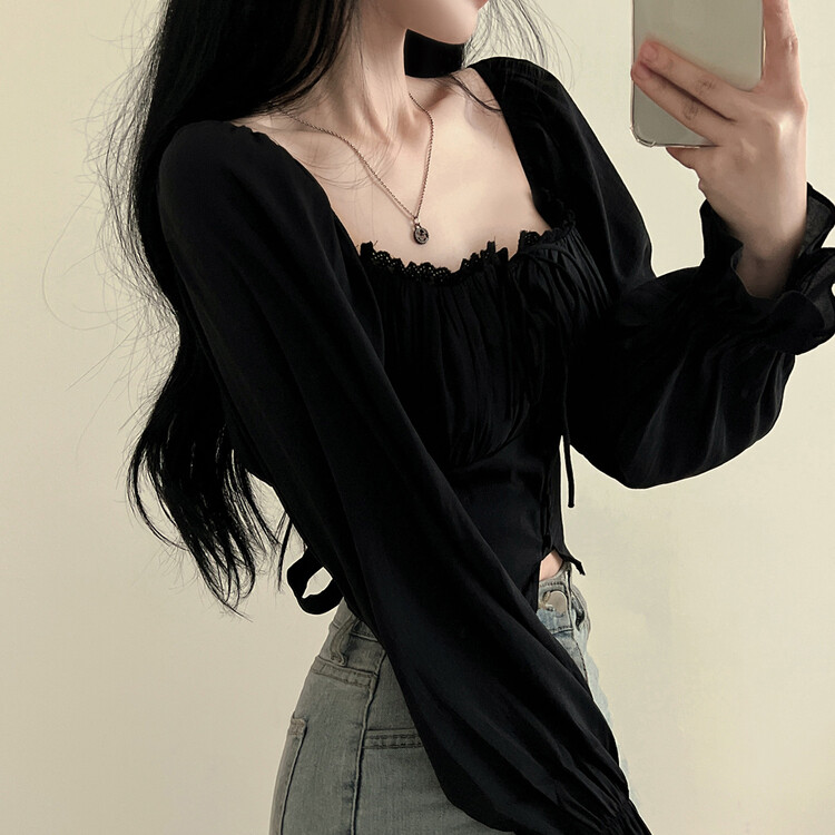 アレンジショルダーバストギャザーレースブラウス ブラック