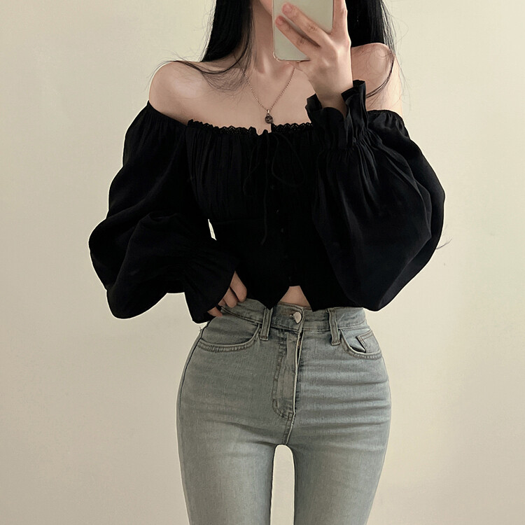 アレンジショルダーバストギャザーレースブラウス ブラック