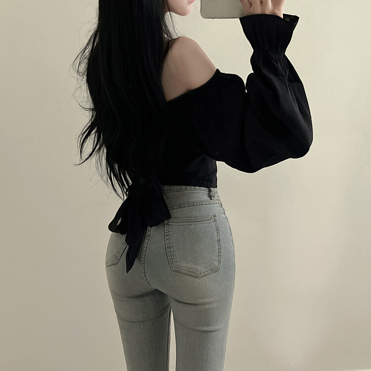 アレンジショルダーバストギャザーレースブラウス ブラック