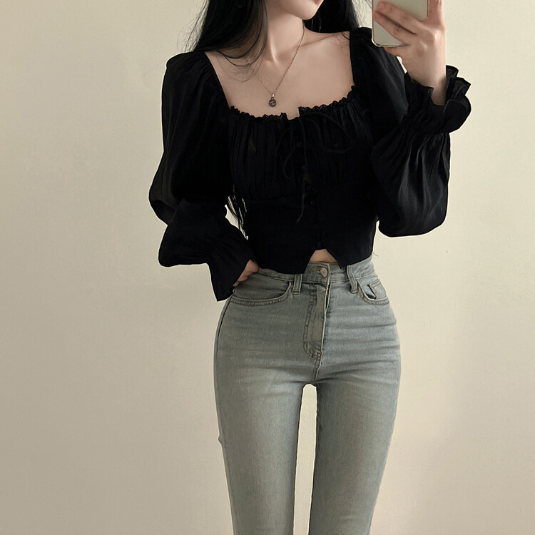 アレンジショルダーバストギャザーレースブラウス ブラック