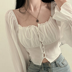 アレンジショルダーバストギャザーレースブラウス ホワイト