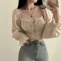 アレンジショルダーバストギャザーレースブラウス ベージュ
