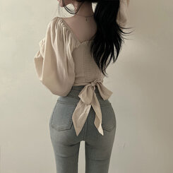 アレンジショルダーバストギャザーレースブラウス ベージュ
