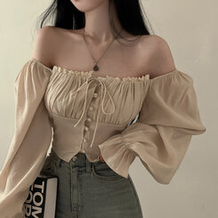 アレンジショルダーバストギャザーレースブラウス ベージュ