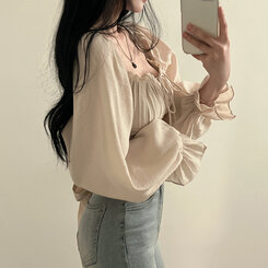 アレンジショルダーバストギャザーレースブラウス ベージュ