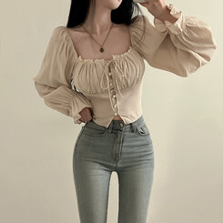 アレンジショルダーバストギャザーレースブラウス ベージュ