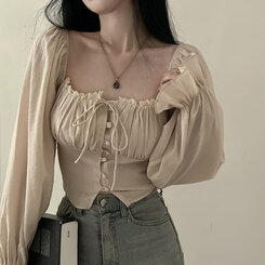 アレンジショルダーバストギャザーレースブラウス ベージュ