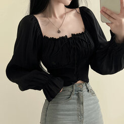 アレンジショルダーバストギャザーレースブラウス ブラック