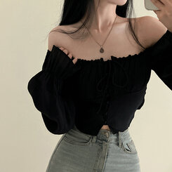 アレンジショルダーバストギャザーレースブラウス ブラック