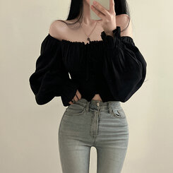 アレンジショルダーバストギャザーレースブラウス ブラック