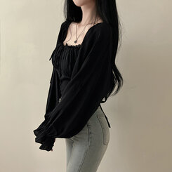 アレンジショルダーバストギャザーレースブラウス ブラック