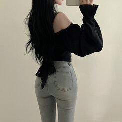 アレンジショルダーバストギャザーレースブラウス ブラック