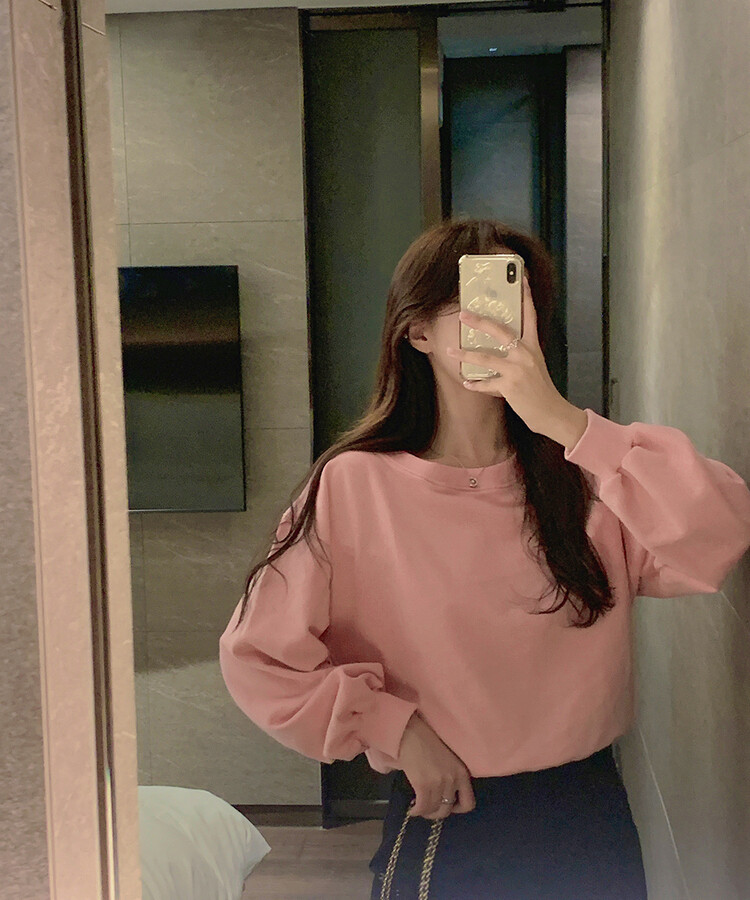 ピンクオフショルダールーズ長袖Tシャツ｜スウェット｜韓国