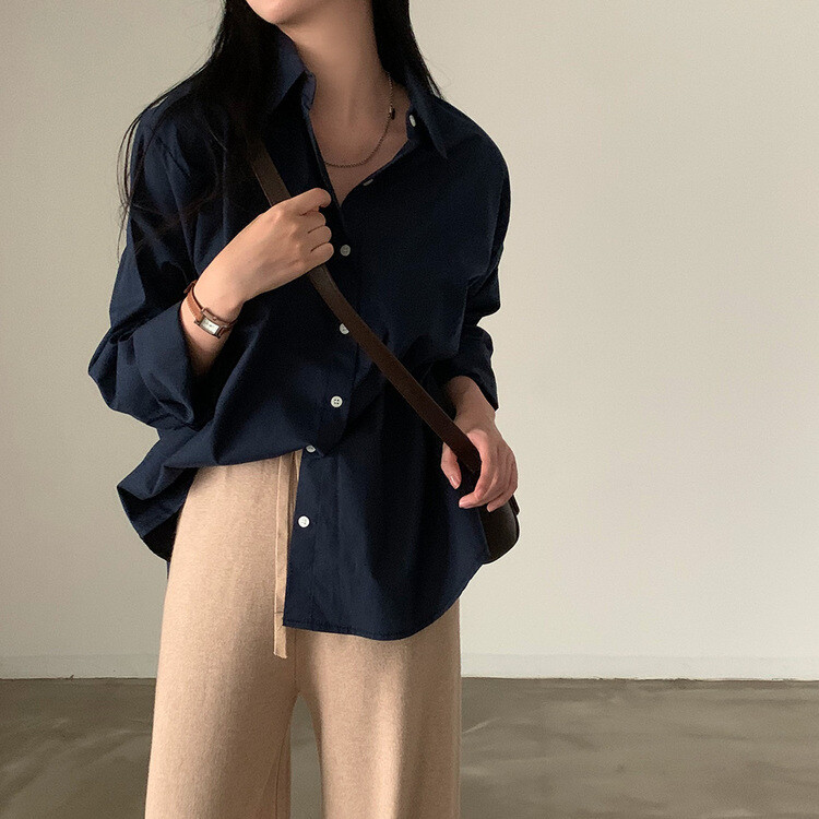 【SHORT/LONG 丈別】オーバーフィットコットンカラーシャツ11色 NAVY