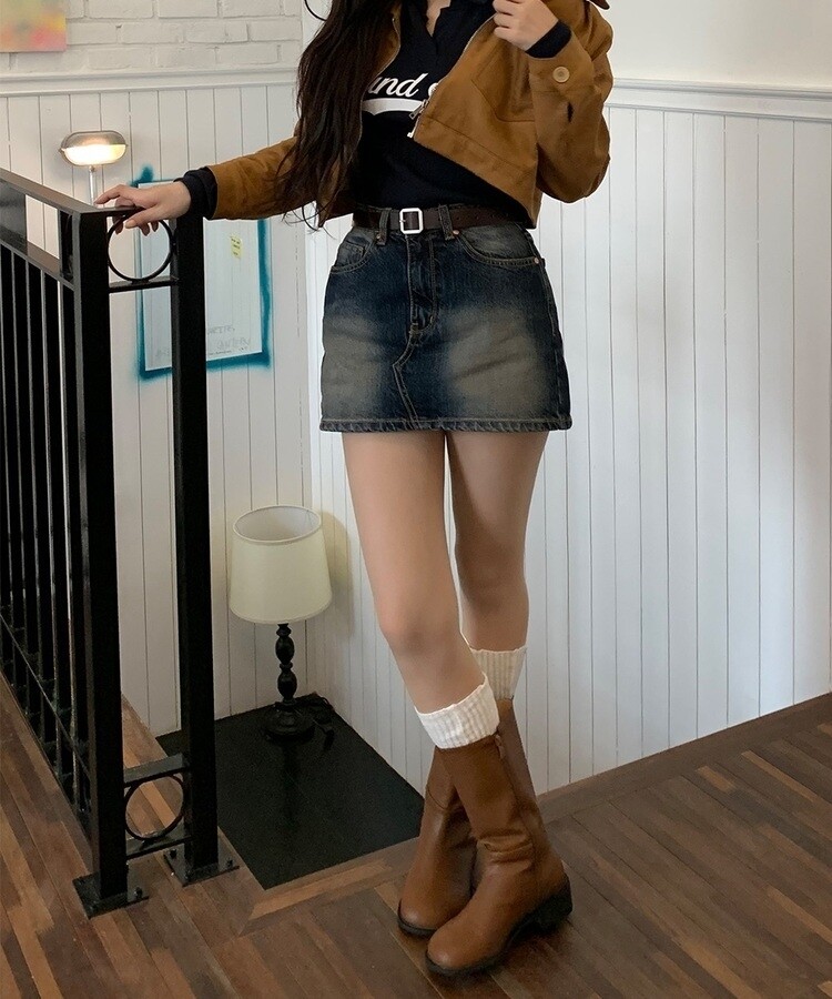 ミニスカート ウォッシングビンテージデニムミニスカート ブルー