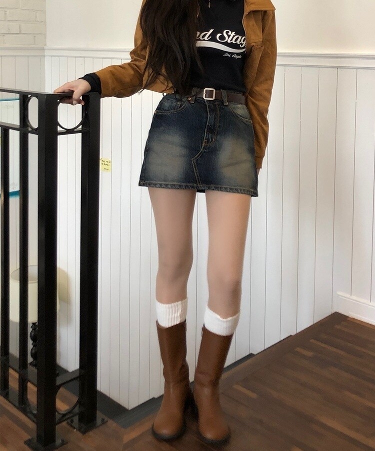 ミニスカート ウォッシングビンテージデニムミニスカート ブルー