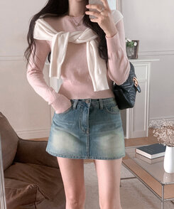 【ラウンドネック/Vネック 形別】スリムウエストリブニット9色 PINK