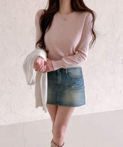 【ラウンドネック/Vネック 形別】スリムウエストリブニット9色 PINK