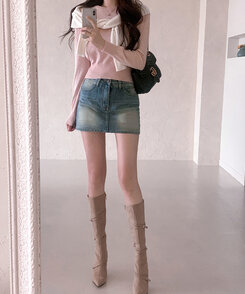 【ラウンドネック/Vネック 形別】スリムウエストリブニット9色 PINK