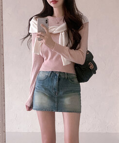 【ラウンドネック/Vネック 形別】スリムウエストリブニット9色 PINK