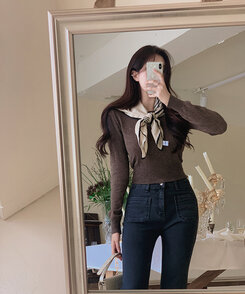 【ラウンドネック/Vネック 形別】スリムウエストリブニット9色 BROWN