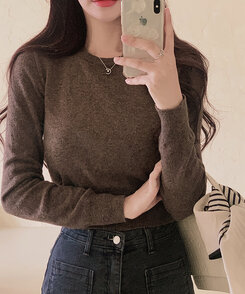 【ラウンドネック/Vネック 形別】スリムウエストリブニット9色 BROWN