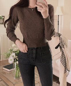 【ラウンドネック/Vネック 形別】スリムウエストリブニット9色 BROWN