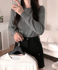 【ラウンドネック/Vネック 形別】スリムウエストリブニット9色 DARK GRAY