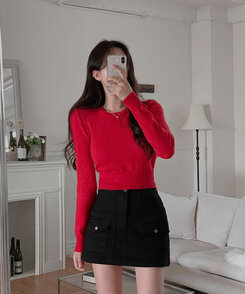 【ラウンドネック/Vネック 形別】スリムウエストリブニット9色 RED