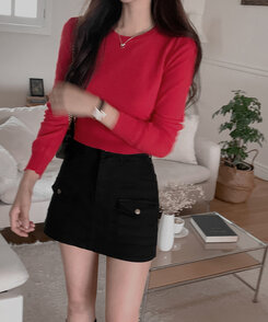 【ラウンドネック/Vネック 形別】スリムウエストリブニット9色 RED