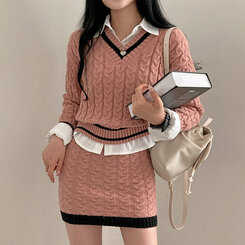 SET】Vネックケーブルセーター ニットミニスカート6色
