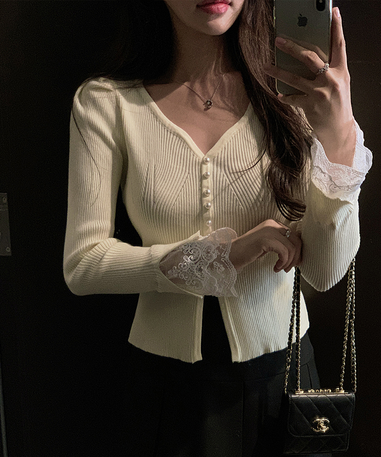 パールボタンレーススリーブカーディガン IVORY