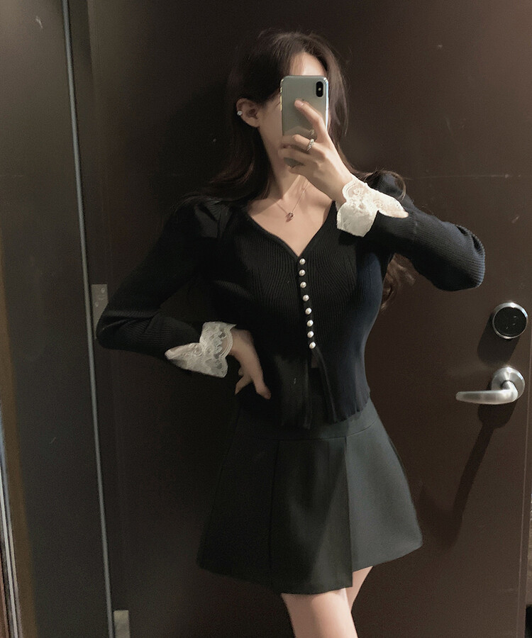 パールボタンレーススリーブカーディガン BLACK