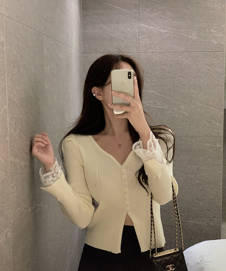 パールボタンレーススリーブカーディガン IVORY