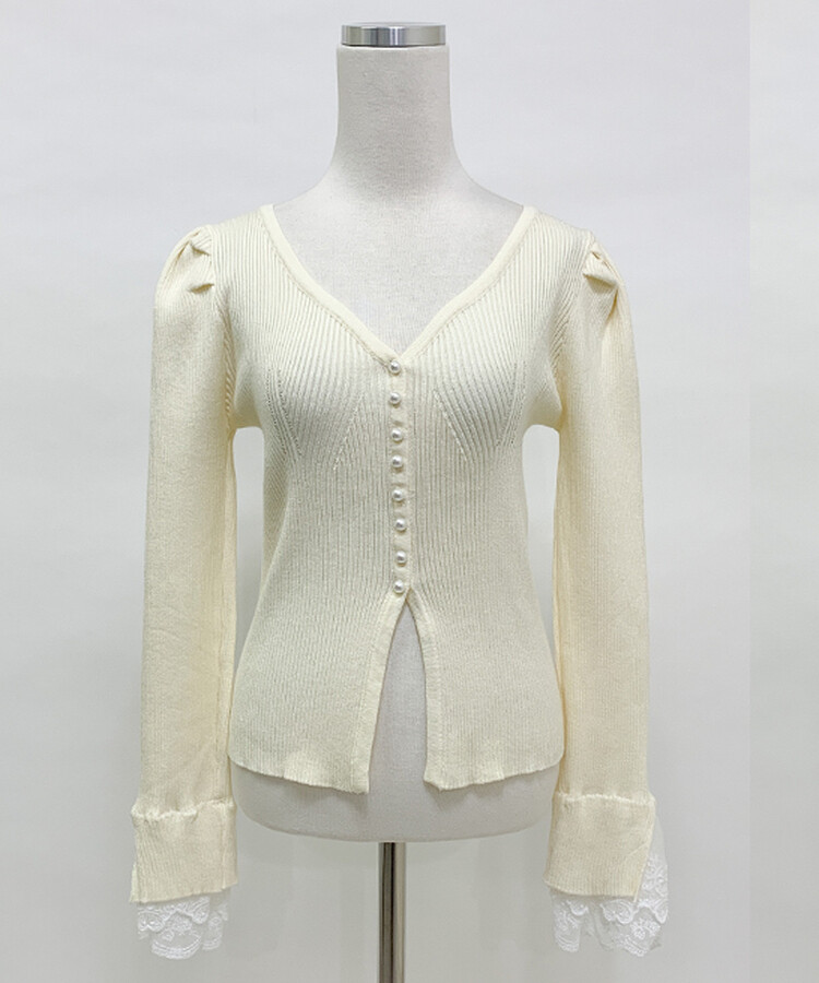 パールボタンレーススリーブカーディガン